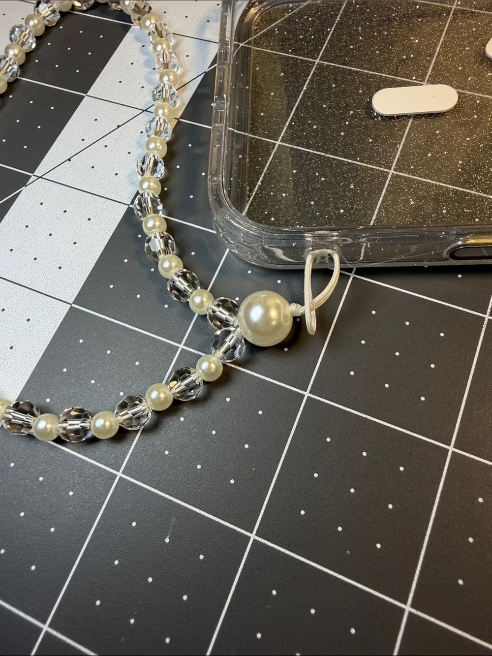 Delicate Faux Pearl and Crystal Beaded Phone Charm - Ivory/Clear
